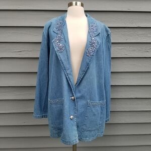 Vintage 90s y2k Denim Bling Floral Paisley Jean Jacket Blazer Size Woman's Large